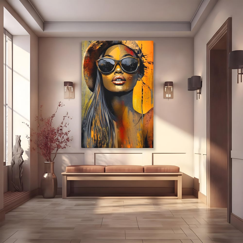 Tablou canvas cu tablou canvas cu portret de femeie ochelari de soare, fara rama, pe sasiu de lemn